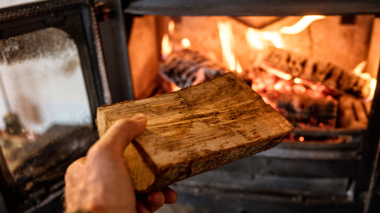 Person putting a log in a wood stove with a fire lit inside