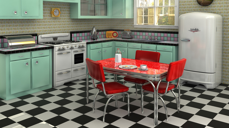 Retro kitchen with dinette kitchen table and chairs in the center