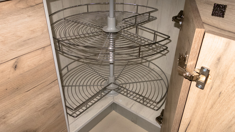 Closeup of a modern rotating shelf inside a cabinet