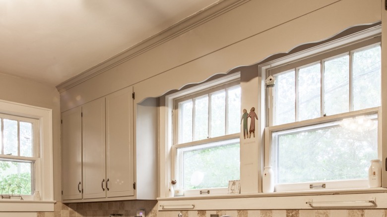 Closeup of a wood valance over a sink