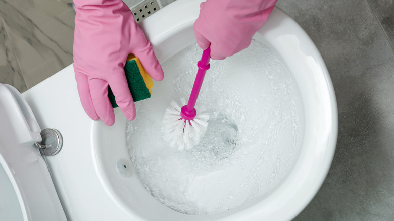 Close up of someone cleaning a toilet bowl with a brush while wearing pink rubber gloves