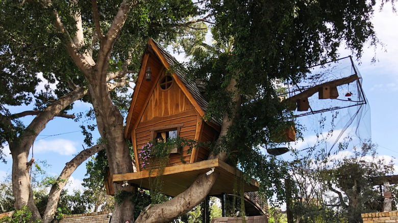 wooden treehouse with flowers