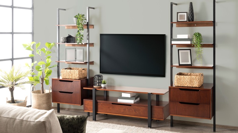 A contemporary living room with a TV, house plants, and modern furniture.