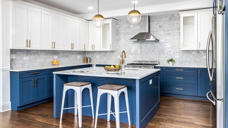 blue and white kitchen cabinets