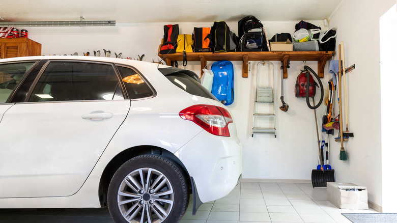 high wooden shelf in garage