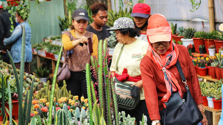 A large crowd at a garden center with several people crowded around the tables of plants