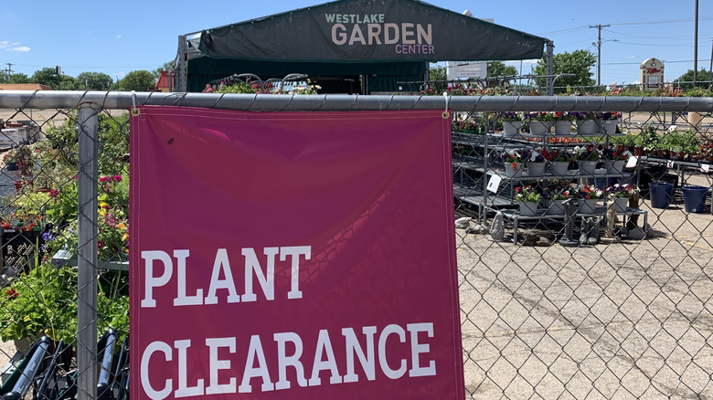 A clearance sign in front of a garden center