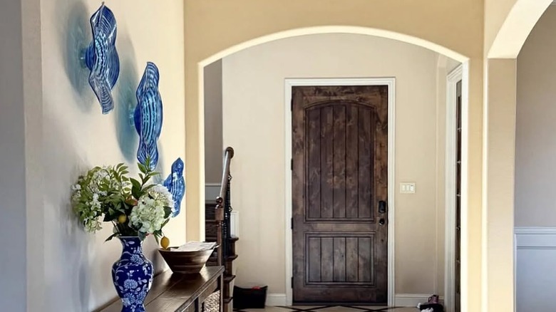 beige living room with indigo accents