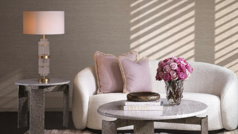 mauve pillows with beige and khaki home accents