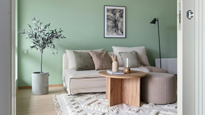 seafoam green and beige bedroom