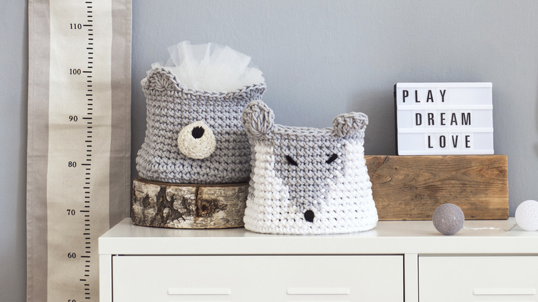 Crocheted animals on a dresser