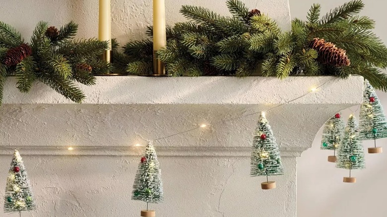 Christmas tree string lights on a mantle