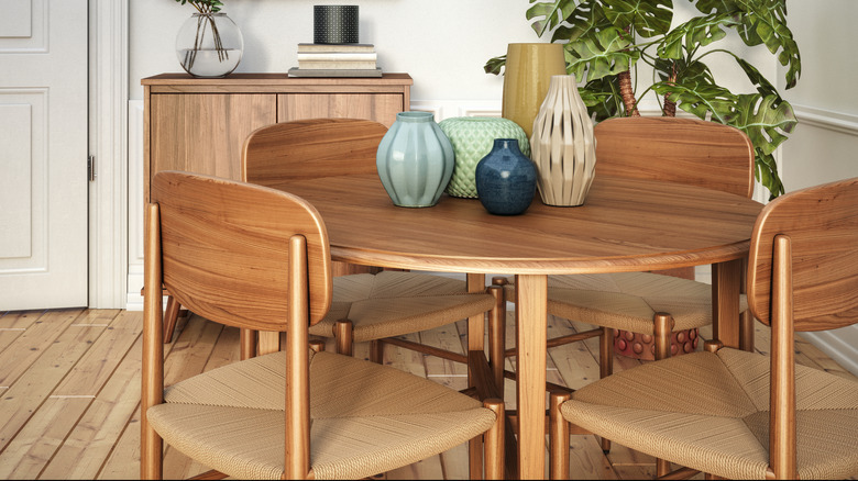 Closeup of a wooden kitchen table and chairs