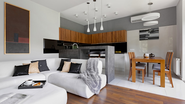 kitchen, dining area, and couch