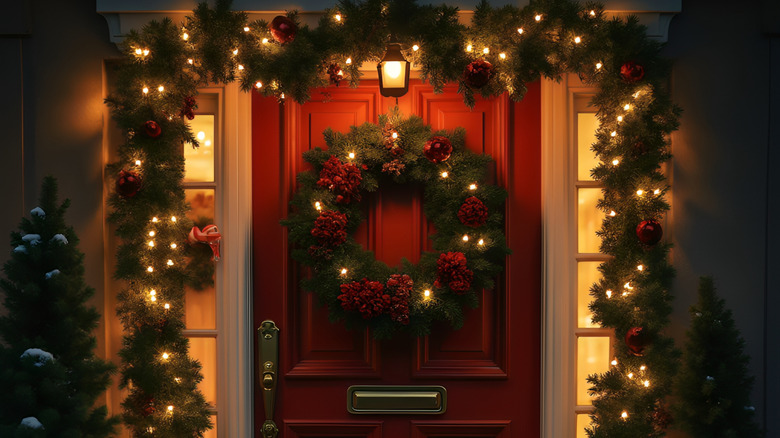A front door decorated with a lit up garland and wreath