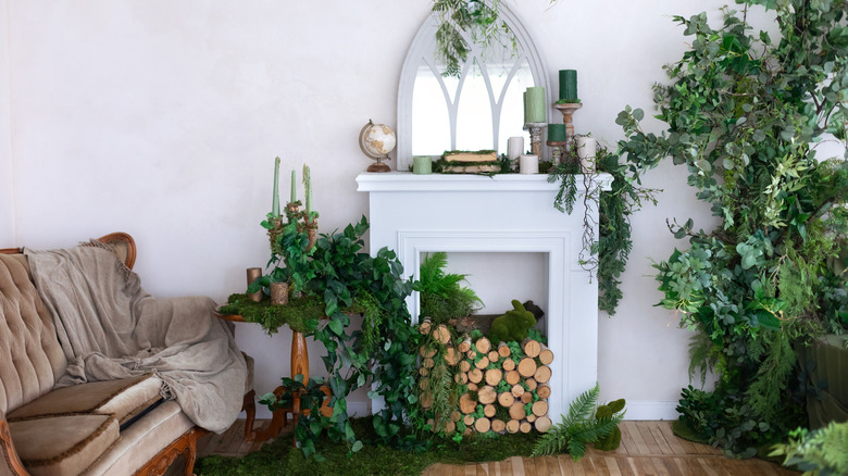 A non-working fireplace framed with greenery and logs.