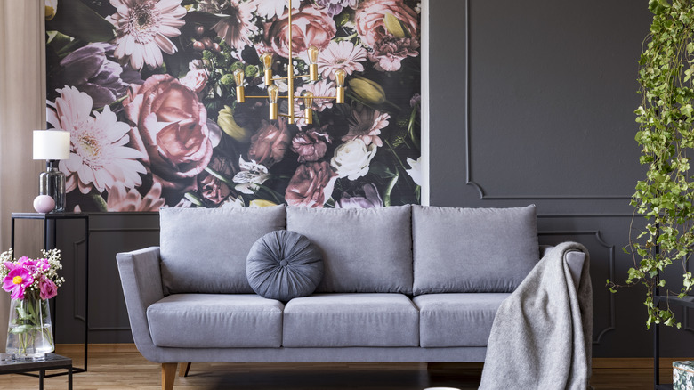 Living room with floral mural