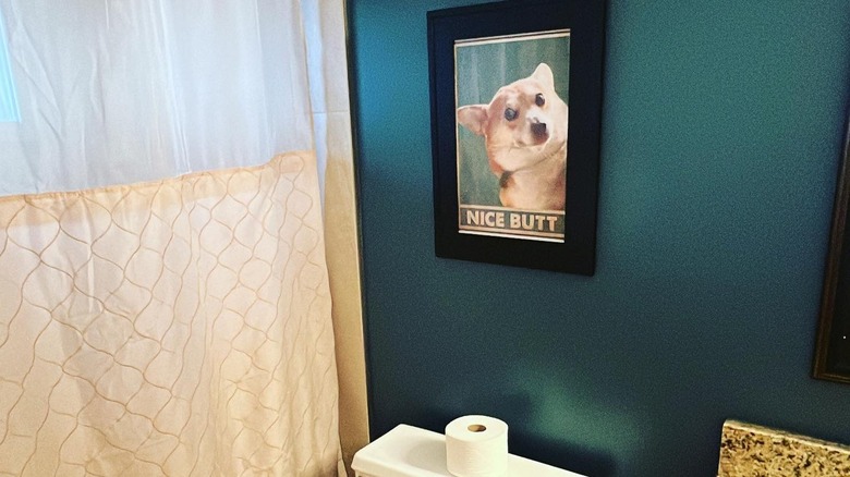 A funny dog picture framed above a toilet