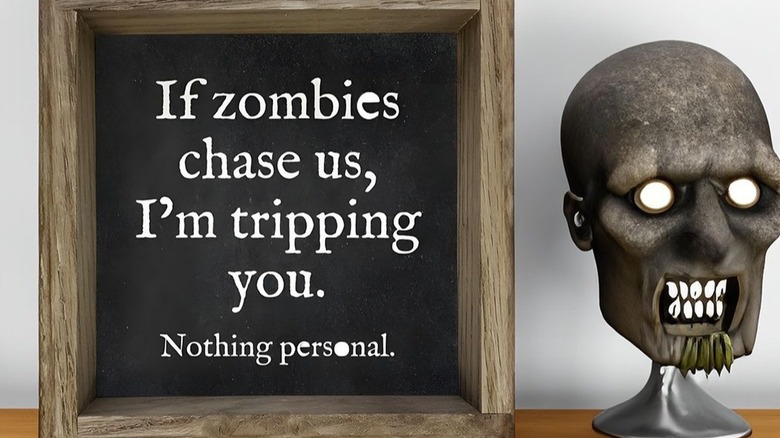 A horrifying zombie skeleton near a funny sign board