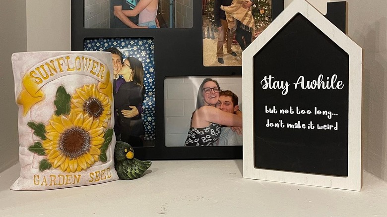 Pictures of a couple, a decorative seed pack, and a funny sign on a shelf