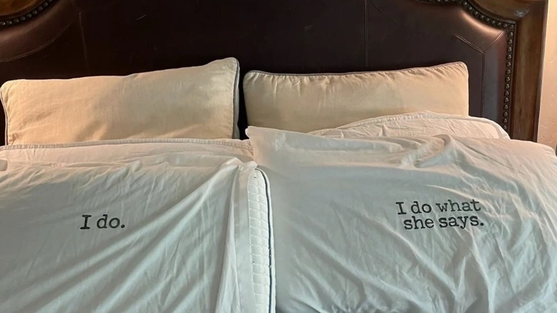 White pillow covers with funny text on them