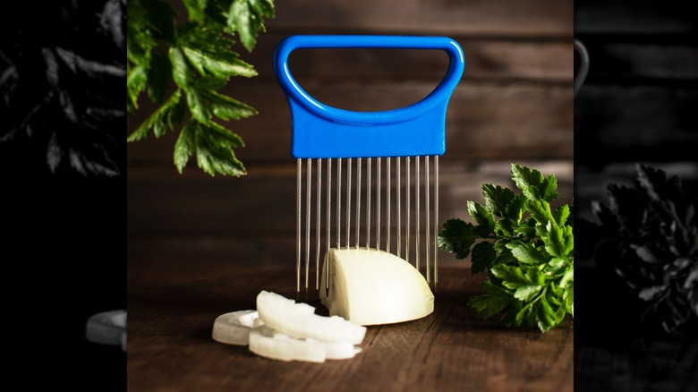 An onion holder with a blue handle pierced into half of an onion.