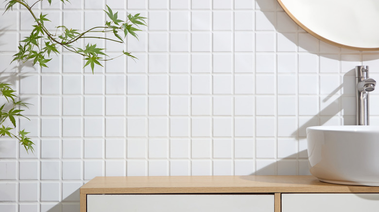 White bathroom tiles with the edge of a circular white sink with chrome tap and round mirror. A green plant is visible in the left hand side.