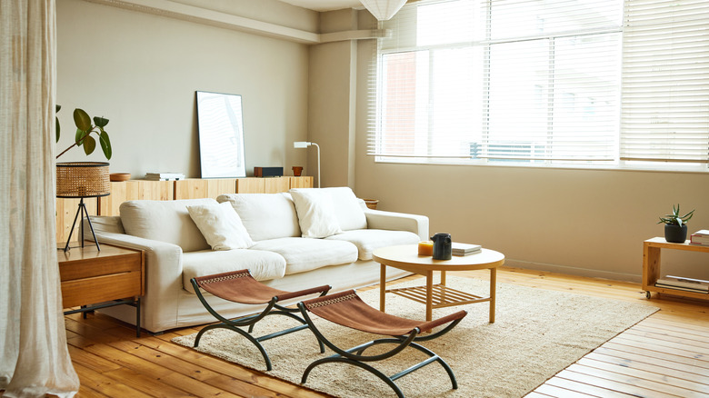 A modern living room with a neutral area rug in the center.