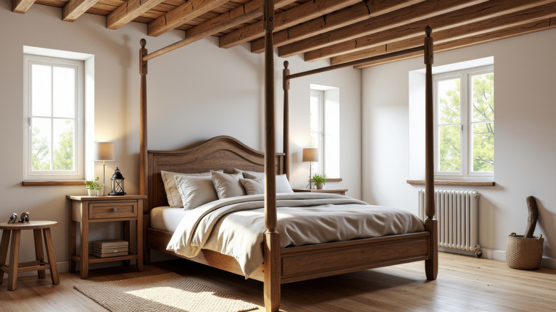A bedroom with a large four poster bed and statement furniture