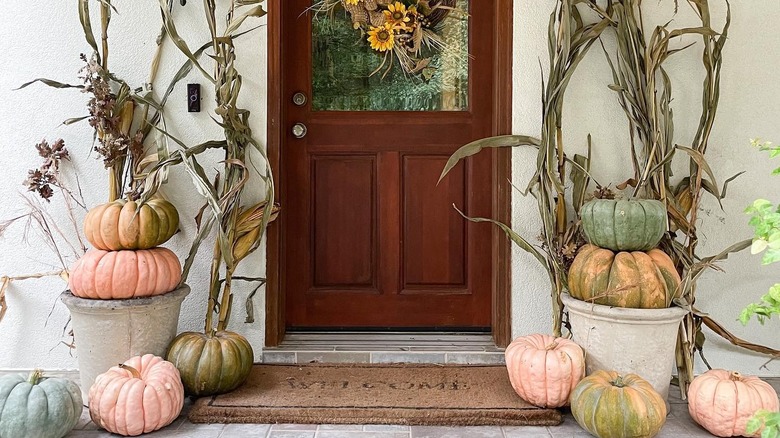 Pumpkins in huge urns