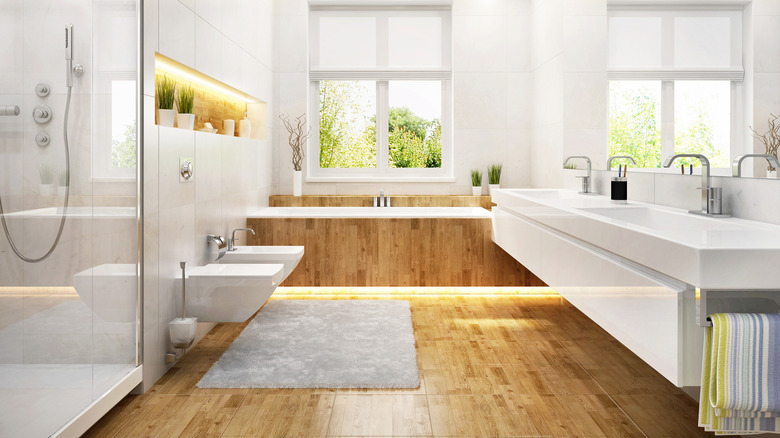 bathroom with wood details