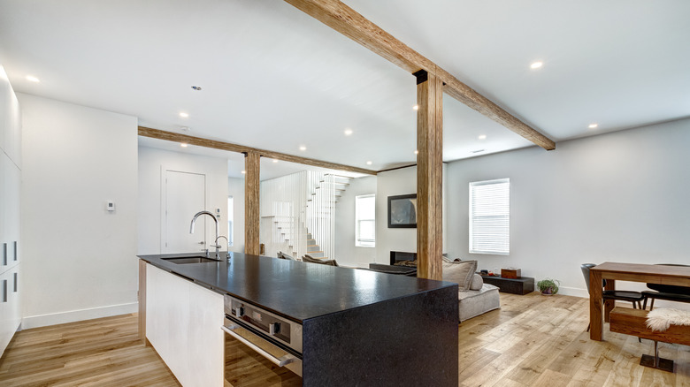 basement with two wooden beams