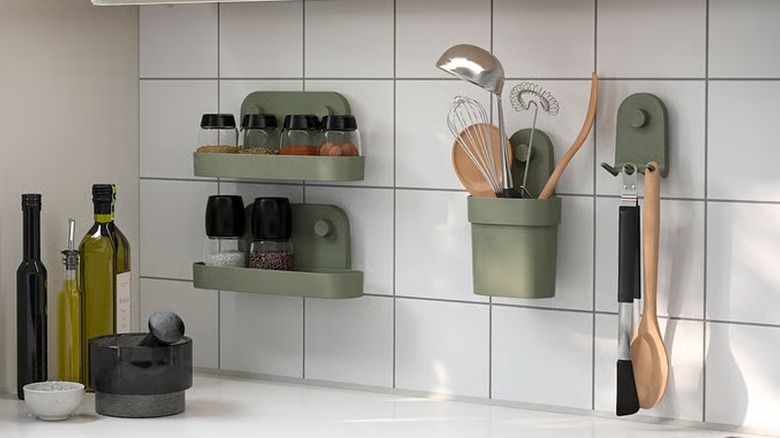 ÖBONÄS gray green plastic container with suction cup holding spices and kitchen utensils