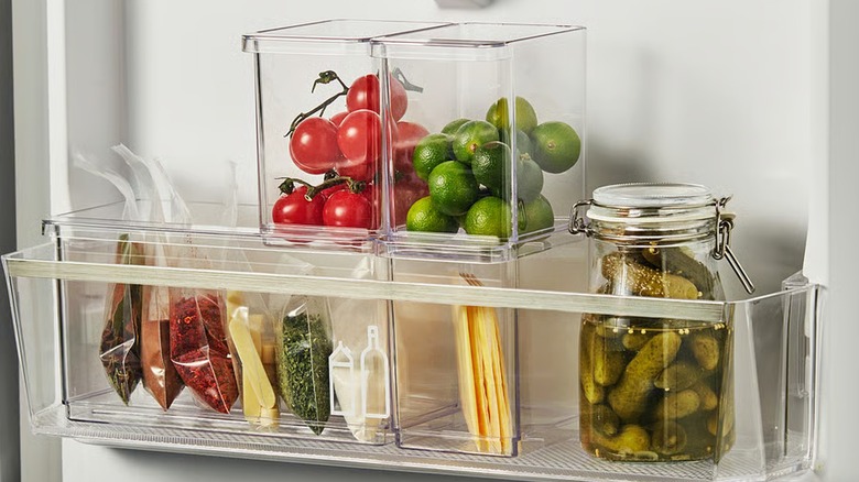 KLIPPKAKTUS plastic storage box for fridge holding spices, limes, and tomatoes