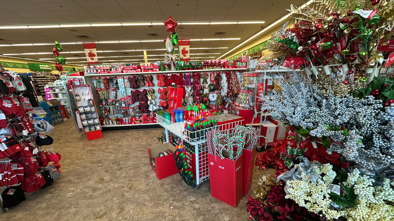 Christmas decor inside of a Dollar Tree store.