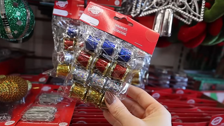 A pack of blue, red, silver and yellow drum ornaments.