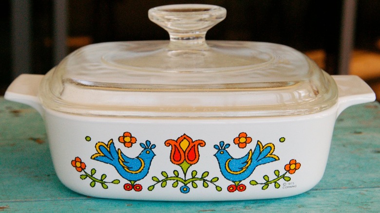 The Country Festival pattern on a vintage Corningware casserole dish.