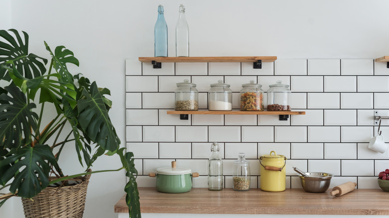 white subway tiles with shelves