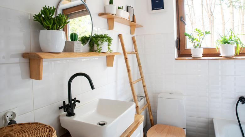 wooden shelves in the bathroom