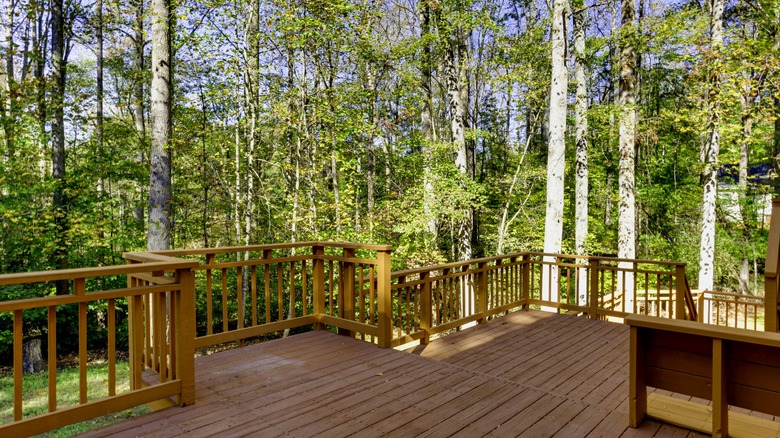 a raised deck constructed of timber that overlooks a garden with many trees