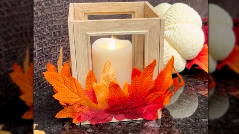 Wooden box made from picture frames with fall leaf and LED candle
