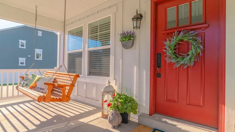 warm wood front porch bench