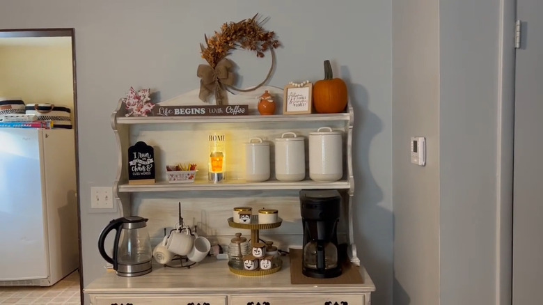 a slim vintage hutch makes a good coffee nook in a corner by the hall