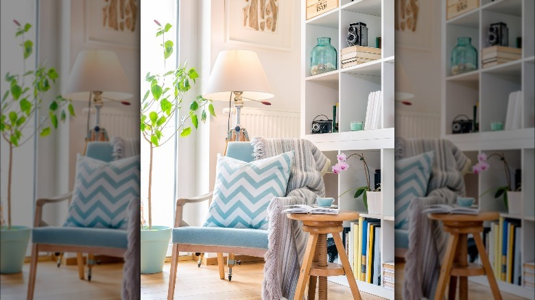 Cozy blue and white room