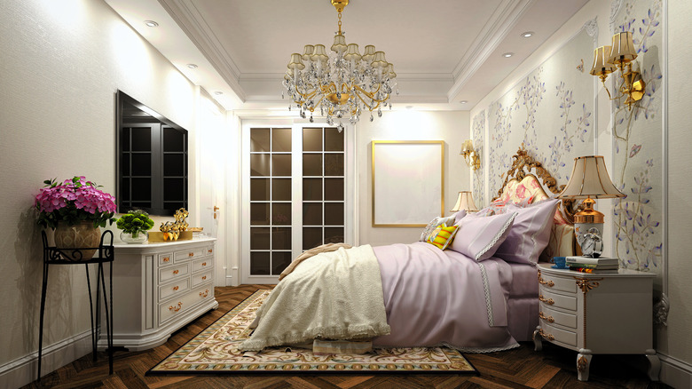 elegant bedroom with a chandelier