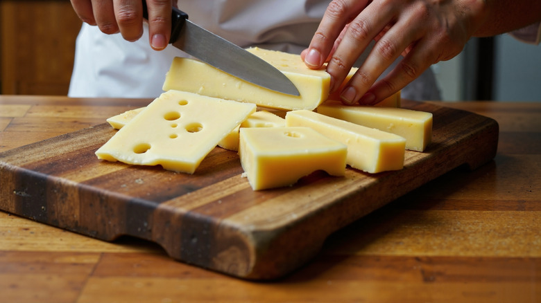 Someone cutting cheese on a cutting board