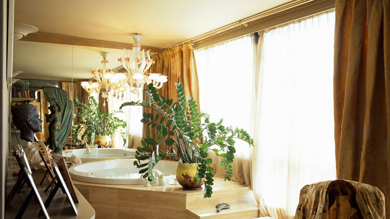 bathroom with chandelier and plants