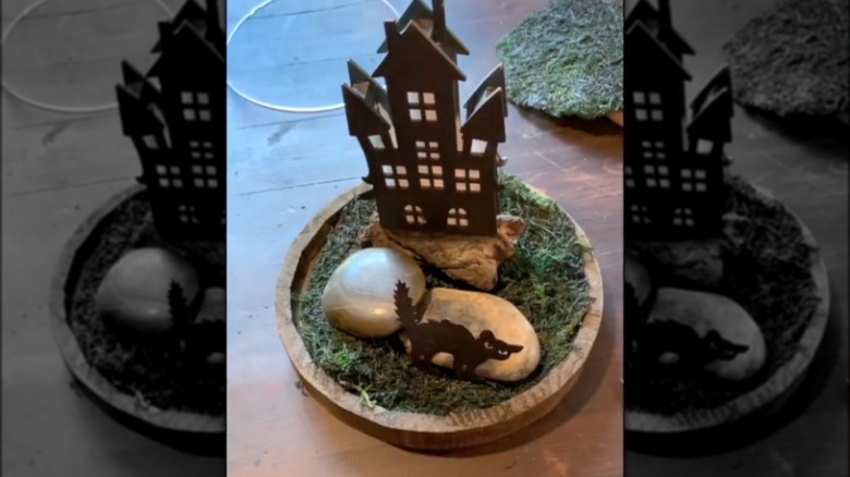 Haunted house with cat and rocks cloche