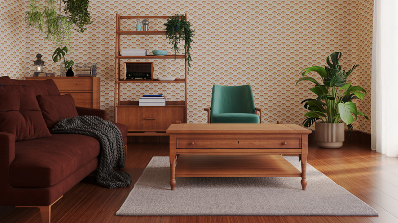 Retro living room with '70s-style wallpaper