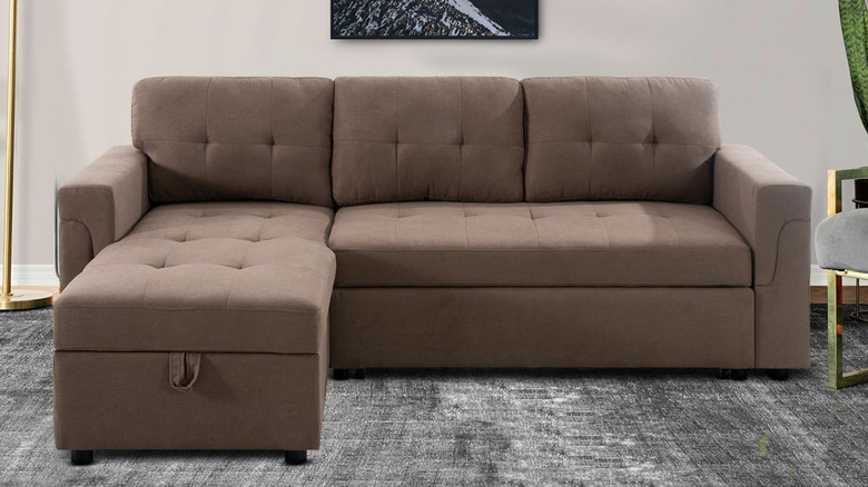 A mocha sofa from Naomi Home sits on a gray area rug